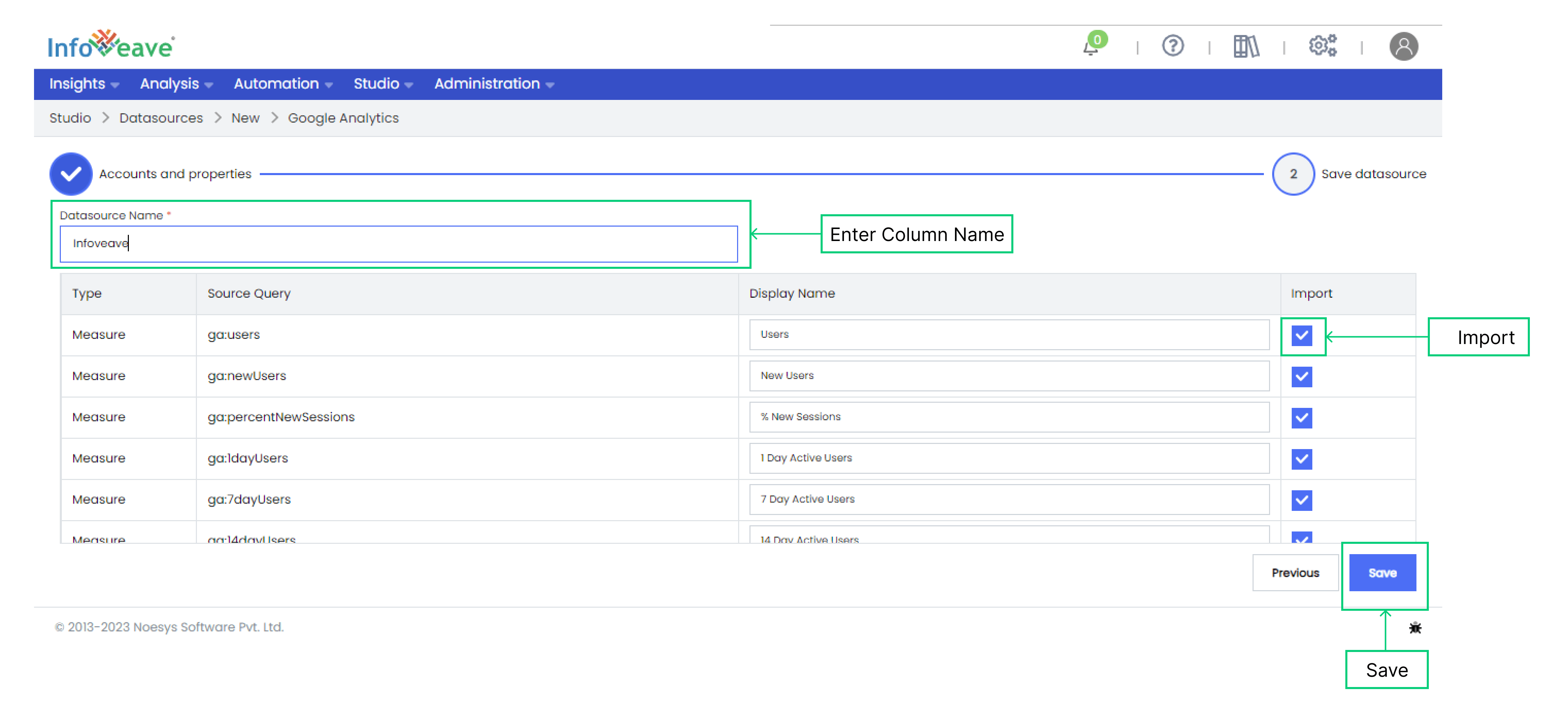 Google analytics Datasource Name