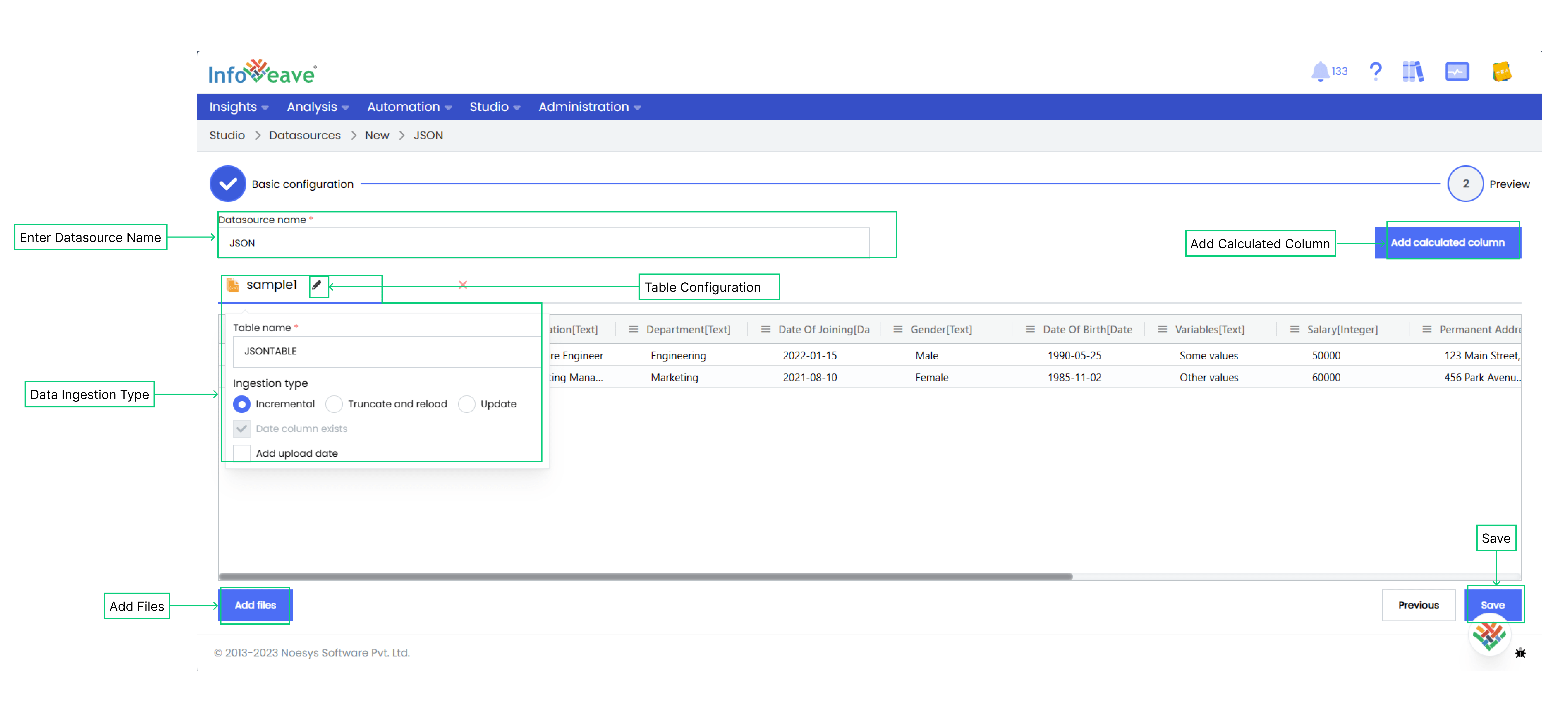 JSON Data Table Configuration