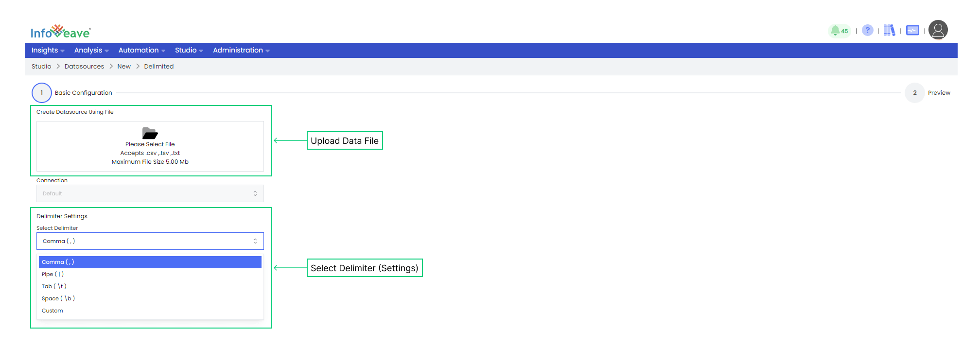 New Delimiter Datasource Configuration