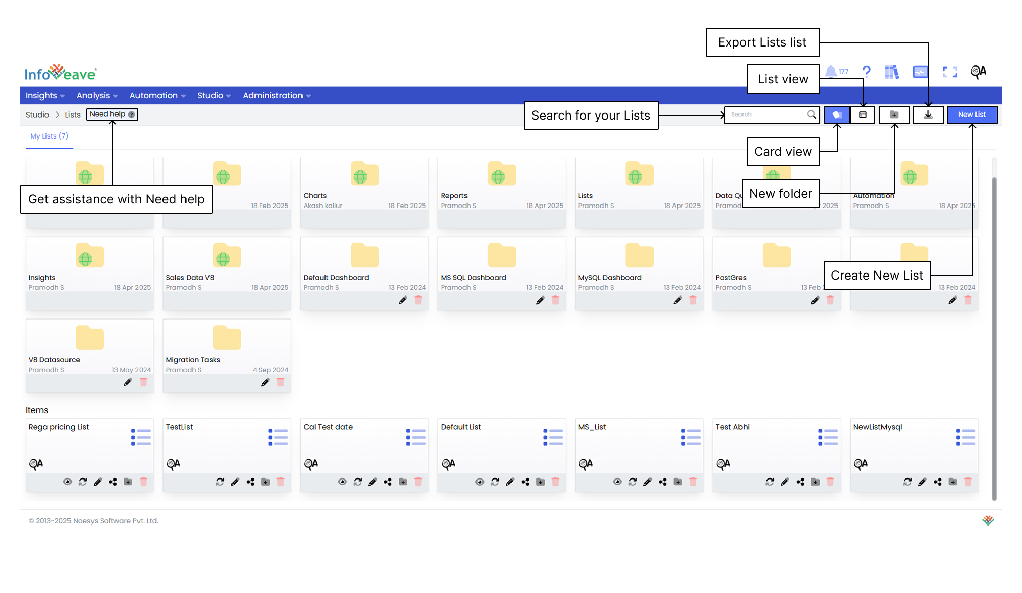 lists toolbar